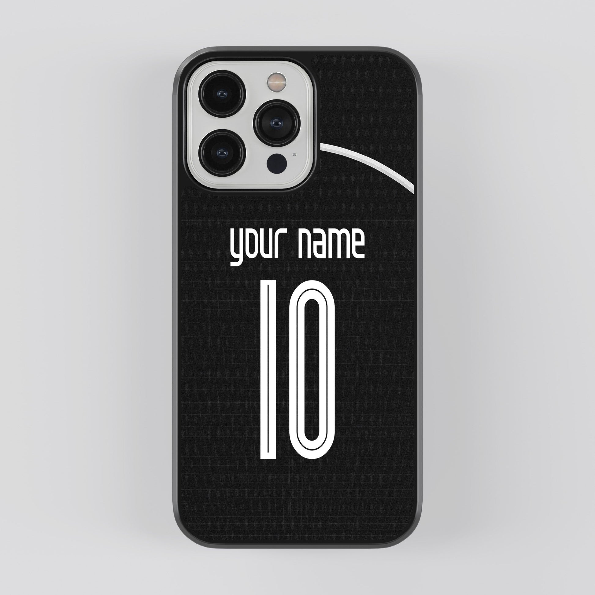 Black phone case with customizable text on a light gray background