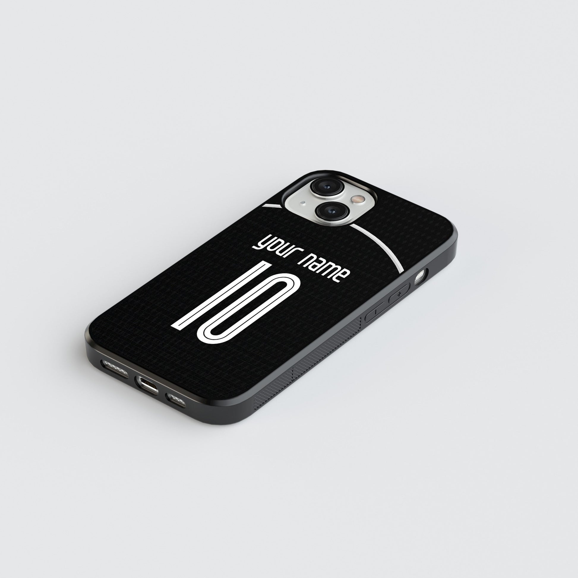 Black phone case with 'your name' text on a light gray background