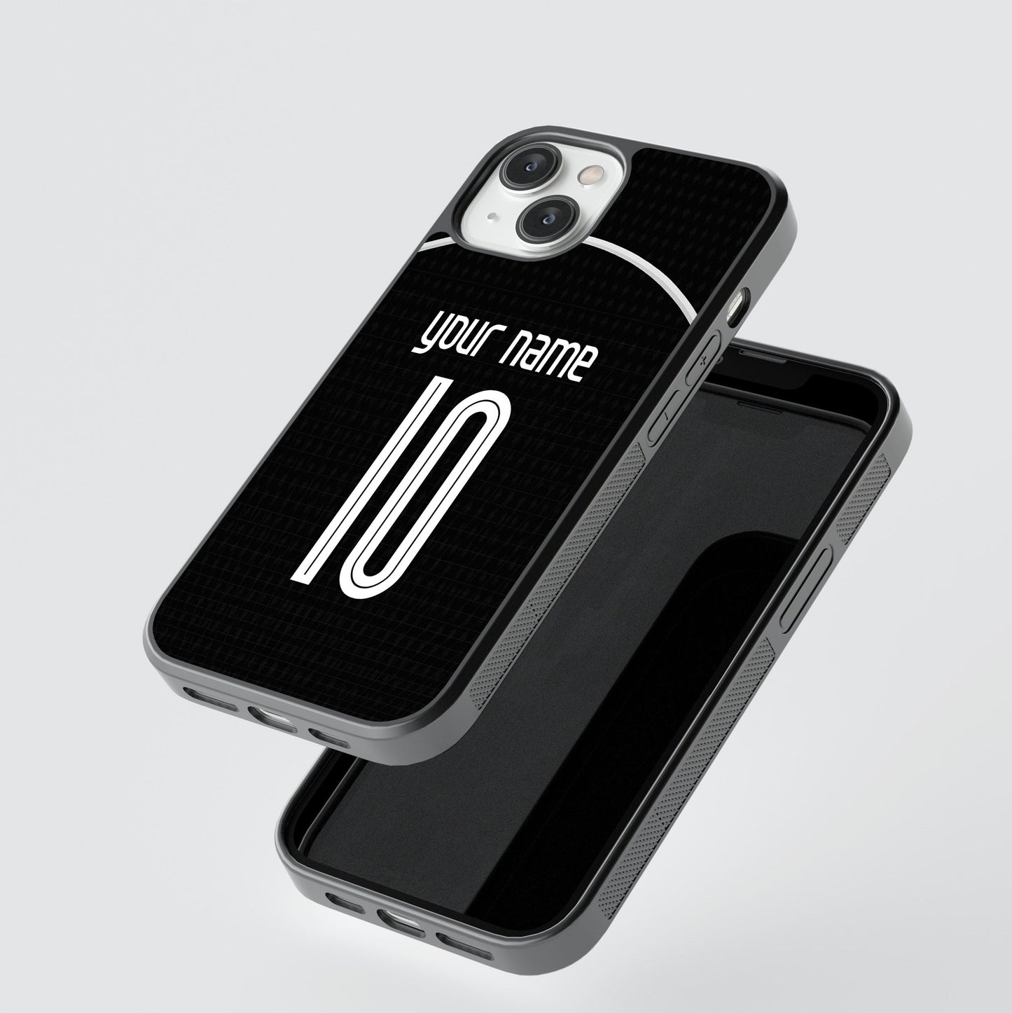 Black phone case with customizable text on a light gray background