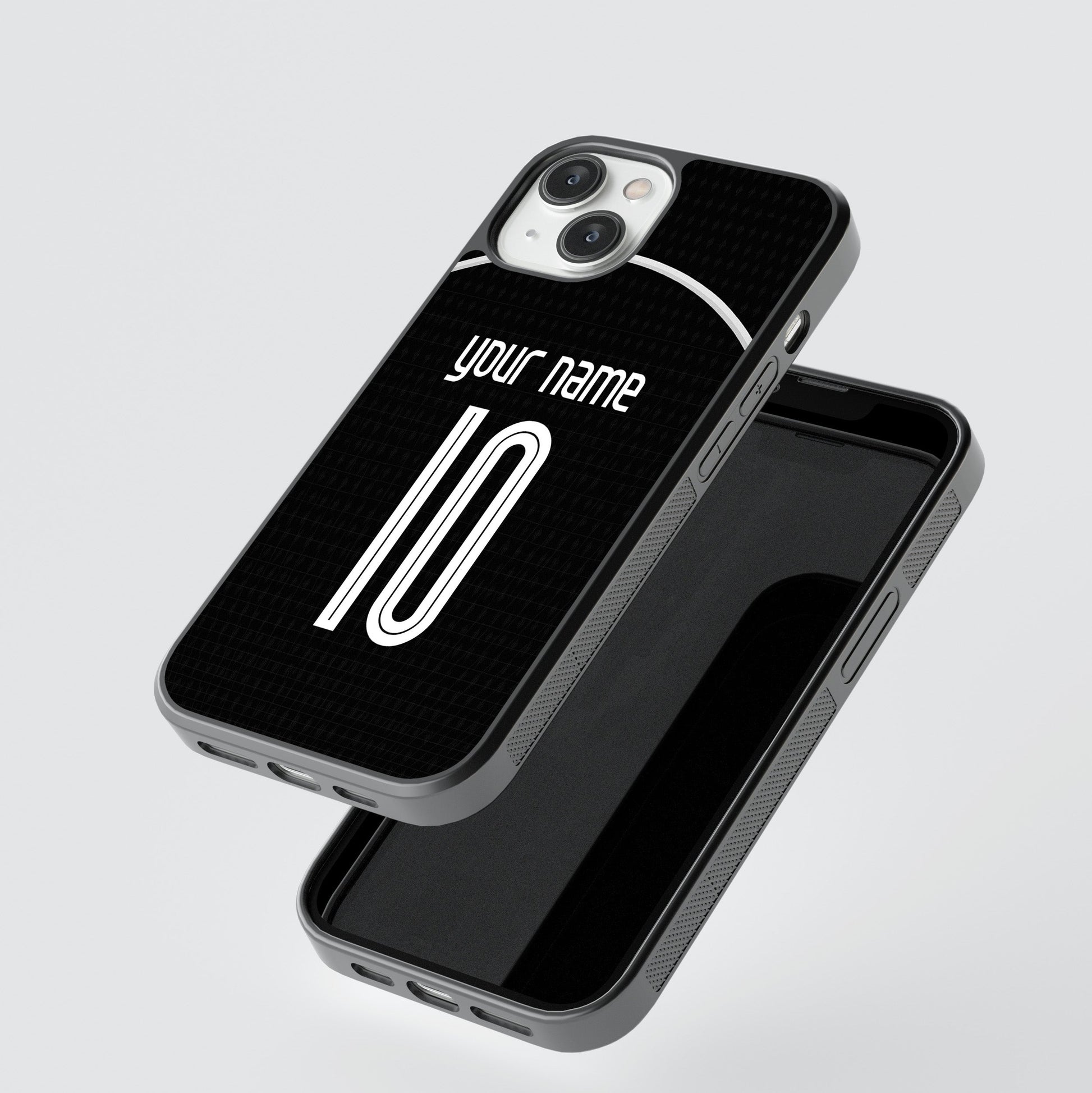 Black phone case with customizable text on a light gray background