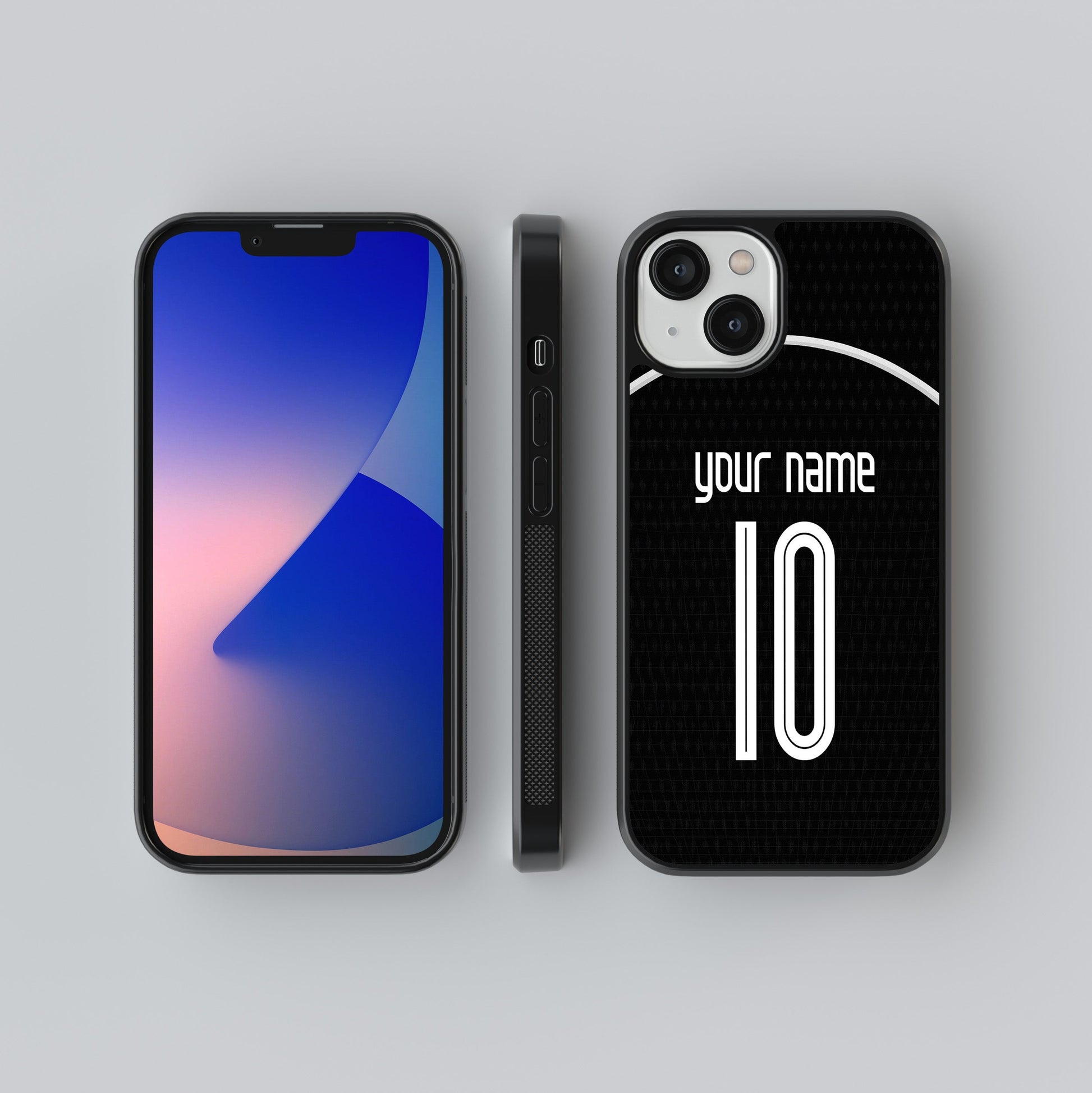 Phone case with customizable name and number on a gray background