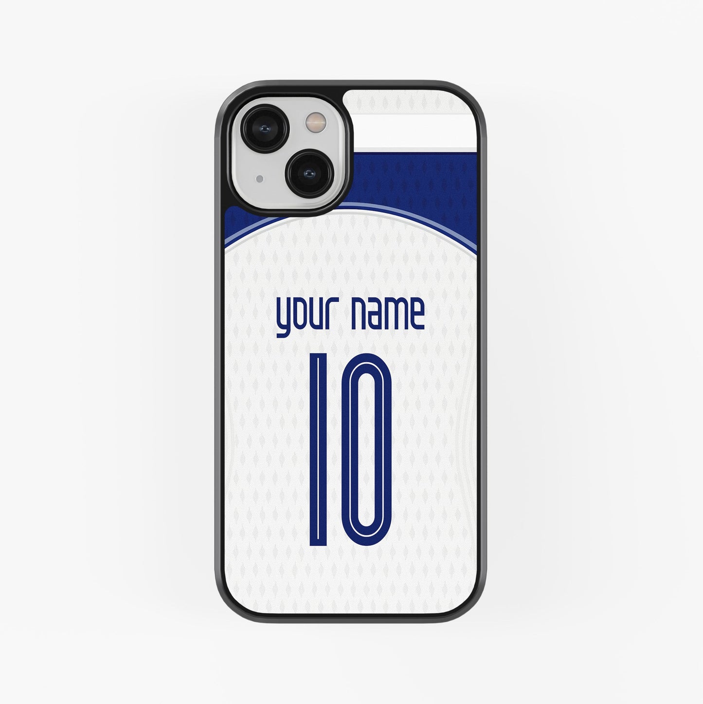 Phone case with customizable name and number on a white background