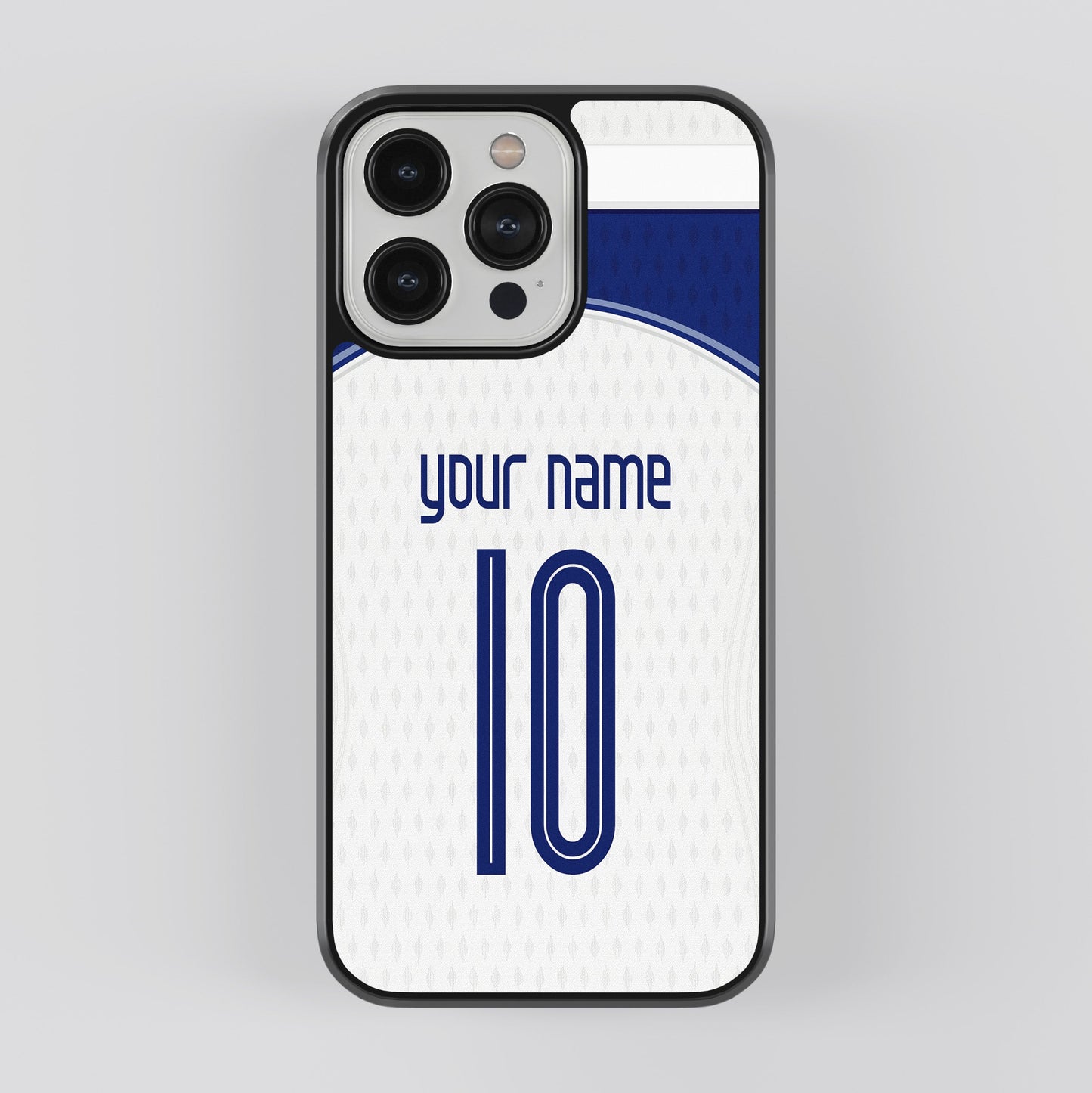 Phone case with customizable name and number on a white background