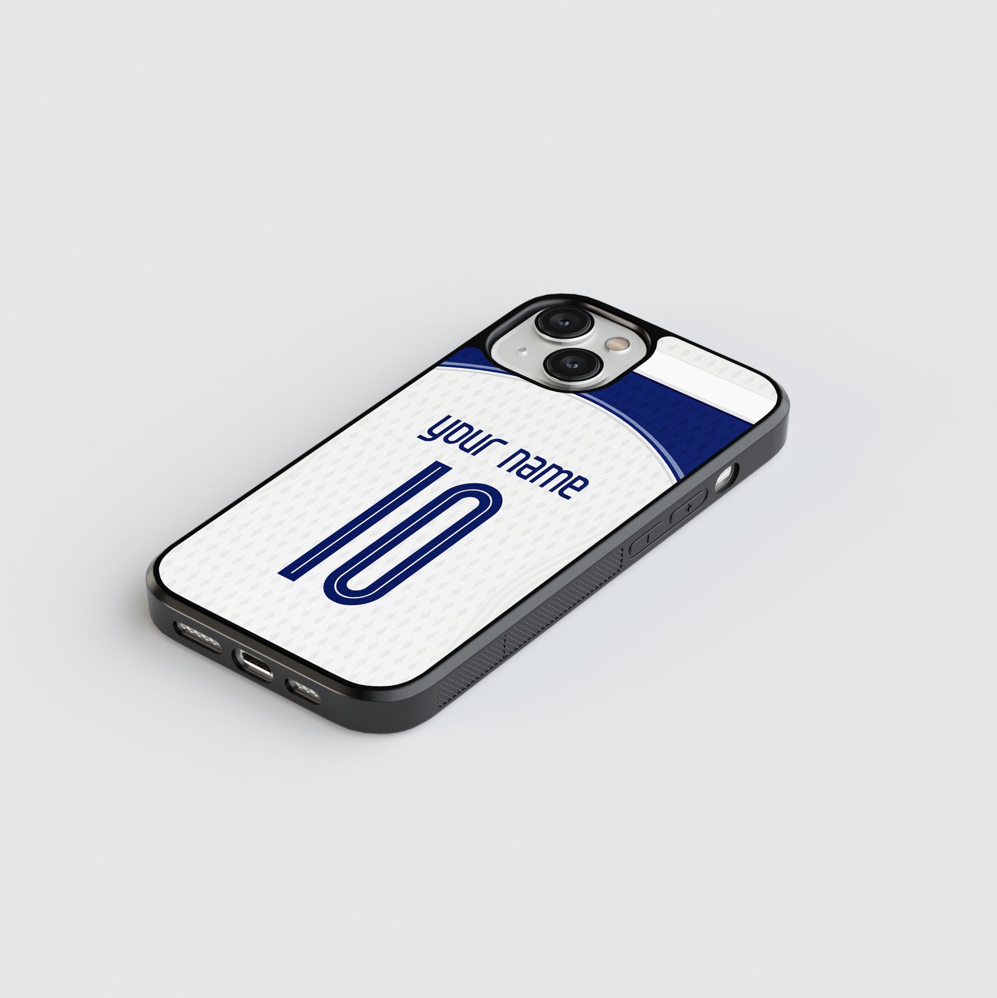 Phone case with customizable name and number on a light gray background