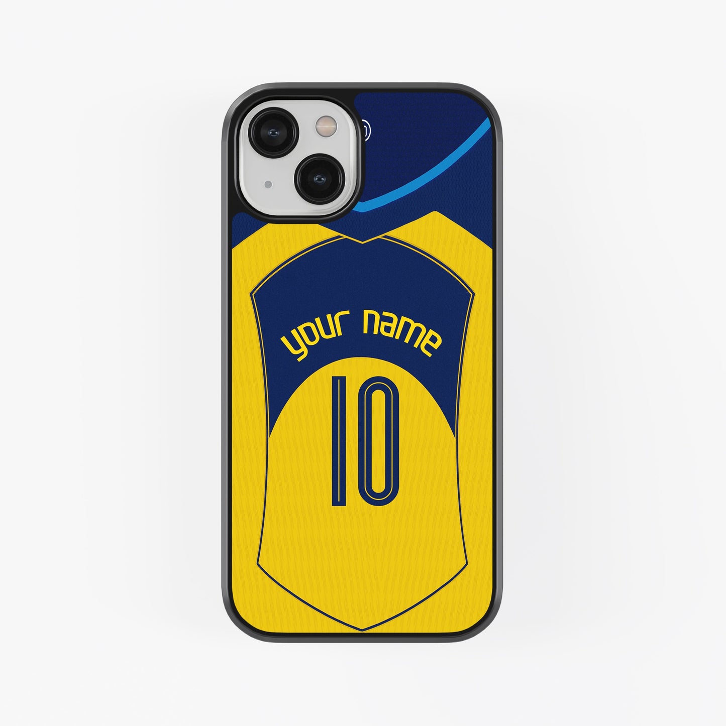 Phone case with a blue and yellow design, resembling a sports jersey, on a white background.