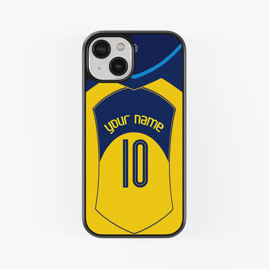 Phone case with a blue and yellow design, resembling a sports jersey, on a white background.