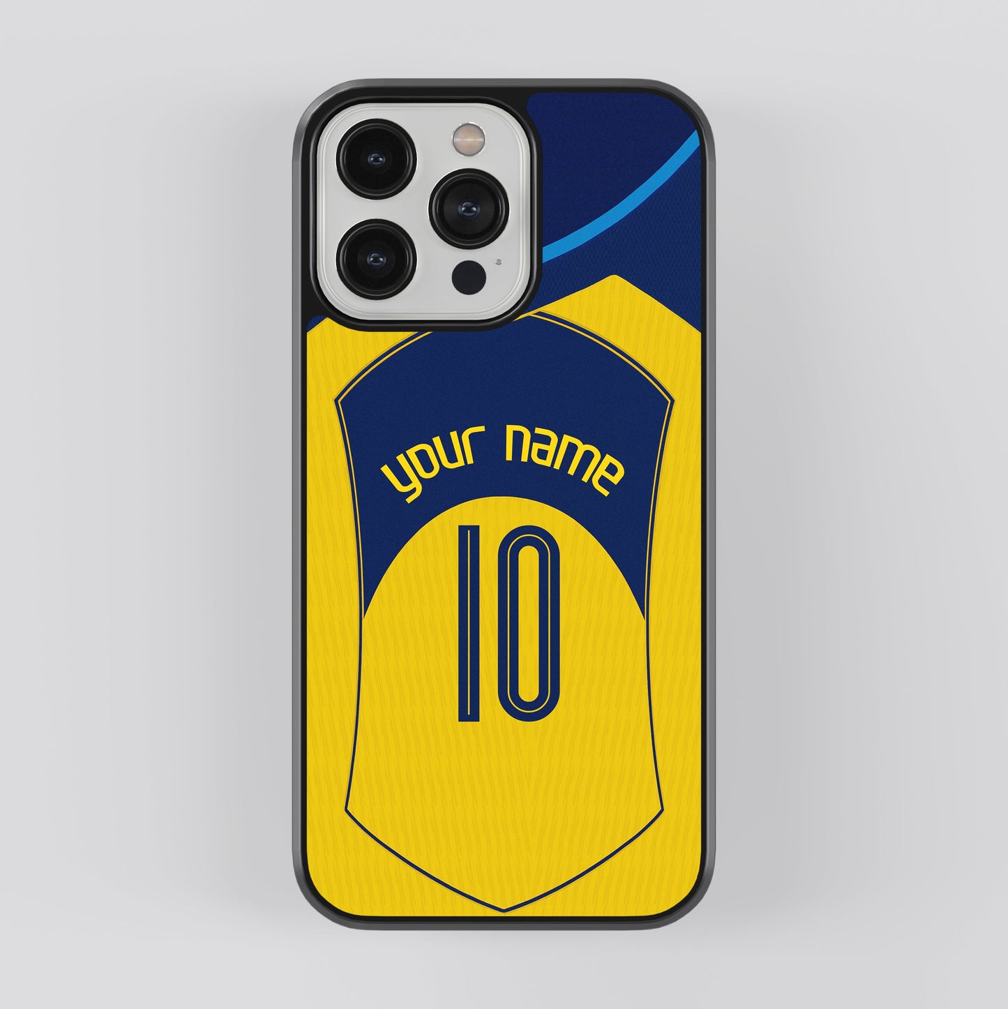 Phone case with a soccer jersey design on a gray background