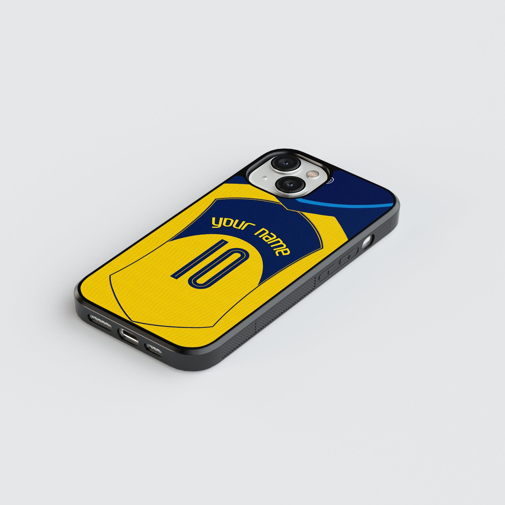 Phone case with a yellow and blue design on a gray background