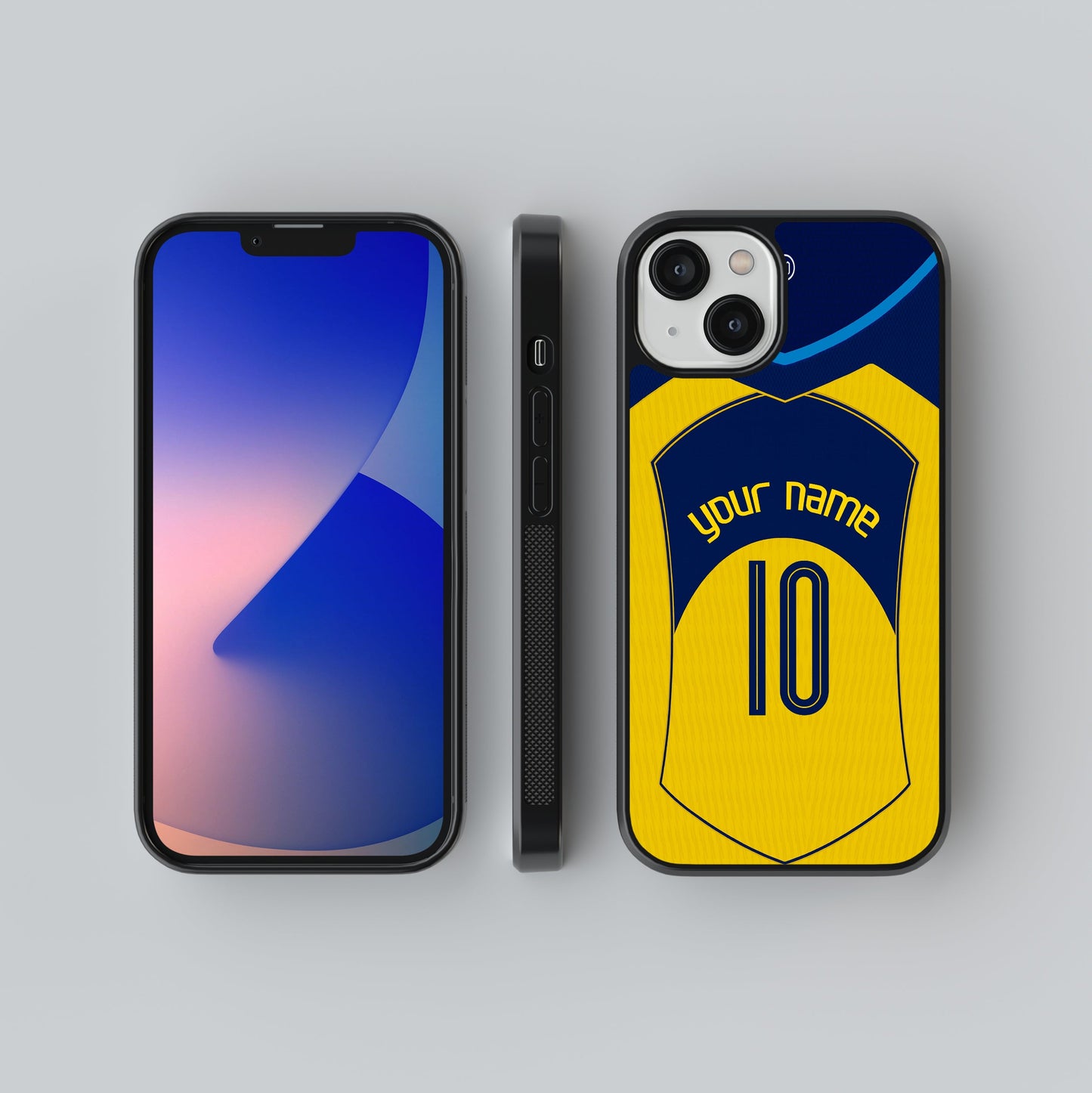 Phone case with a sports jersey design on a gray background