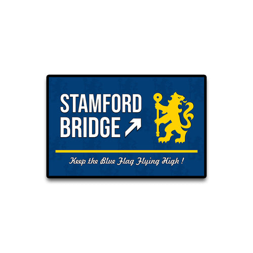 Stamford Bridge sign with a lion emblem on a blue background