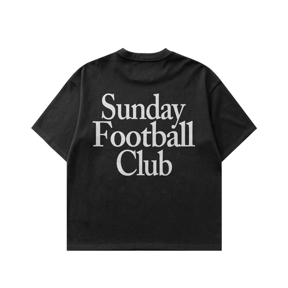 Black t-shirt with 'Sunday Football Club' text on a white background