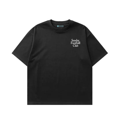 Black t-shirt with 'Sunday Football Club' text on a white background
