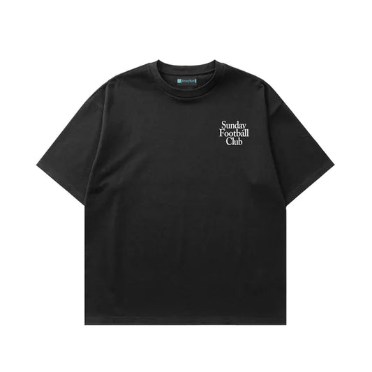 Black t-shirt with 'Sunday Football Club' text on a white background