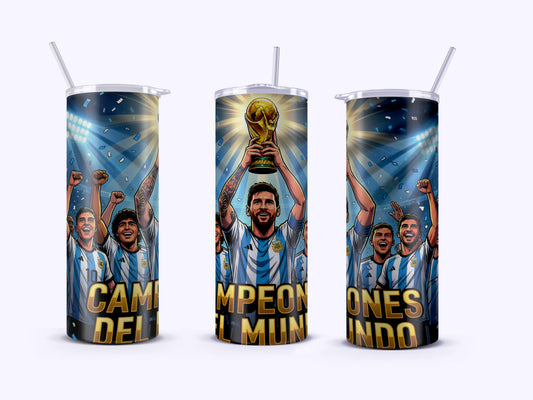 Three tumblers with soccer-themed designs and text on a white background