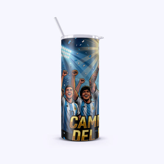 Tumbler with soccer player design and 'CAMELIO' text on a white background