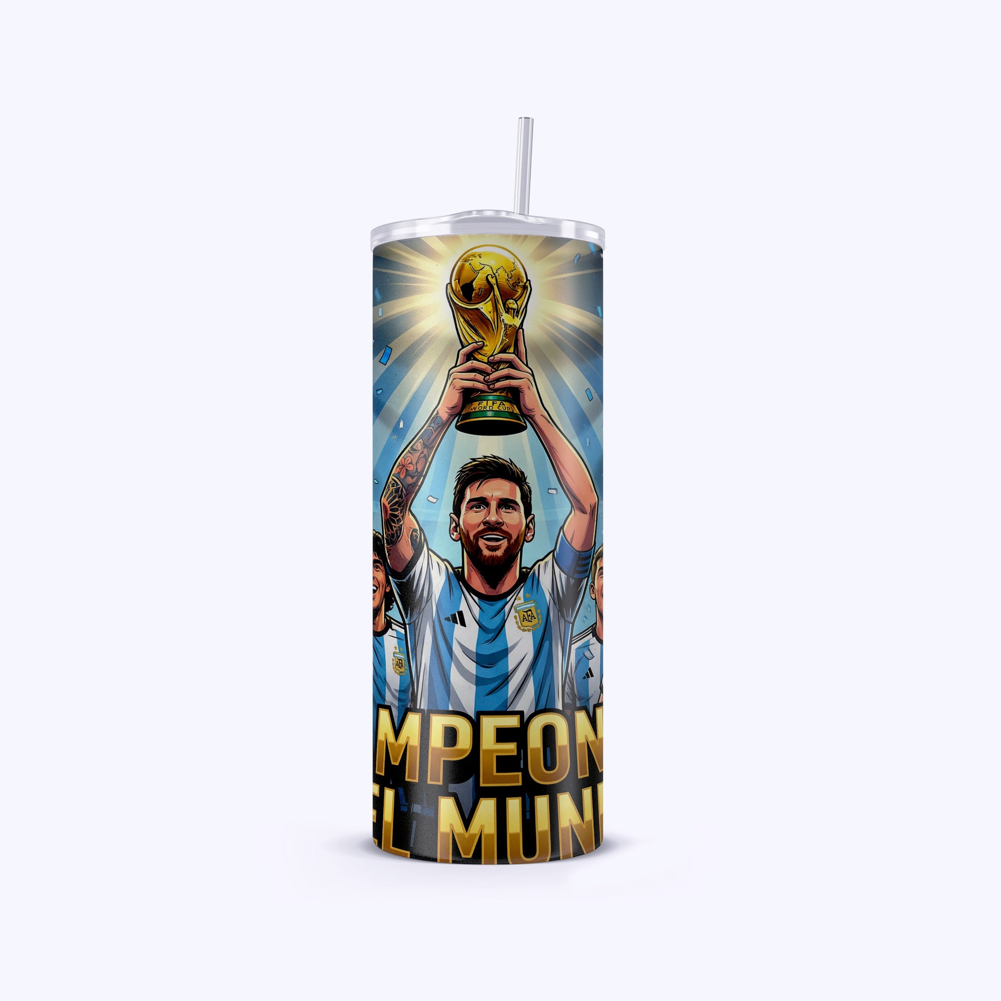 Tumbler with a soccer player holding a trophy and text on a white background