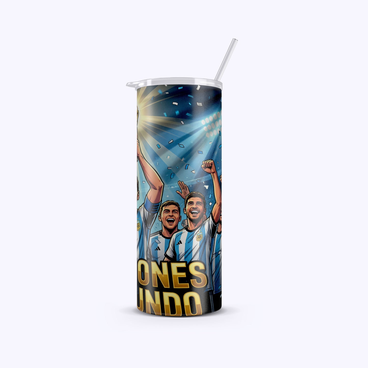 Tumbler with soccer player design and text on a white background