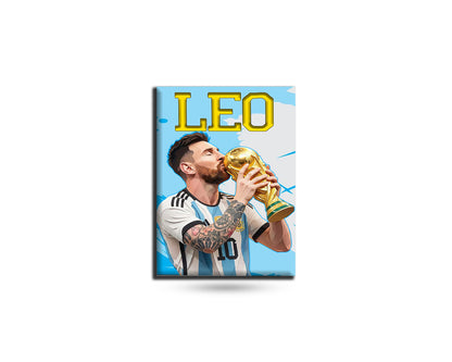 Soccer player holding a trophy with 'LEO' above on a blue background