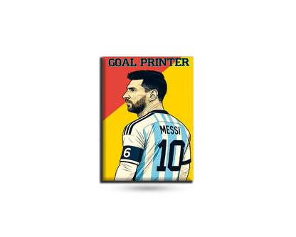 Fridge magnet with a graphic of a soccer player in a striped jersey and text 'GOAL PRINTER MESSI 10' on a yellow and red background.