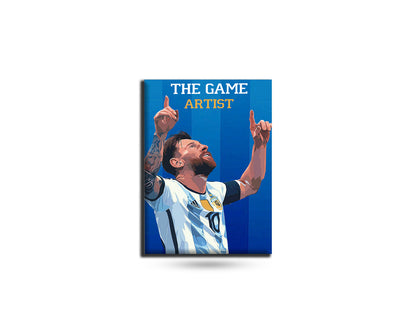 Framed artwork of a soccer player with 'The Game Artist' text on a blue background