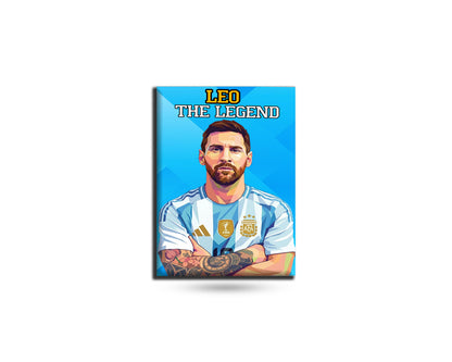 Fridge magnet with a graphic of a soccer player in an Argentina jersey and 'Leo The Legend' text on a blue background.