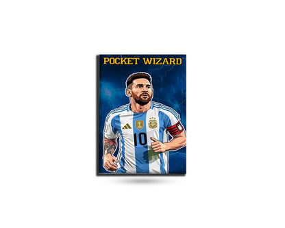 Card featuring a soccer player in a blue and white striped jersey with 'Pocket Wizard' branding.