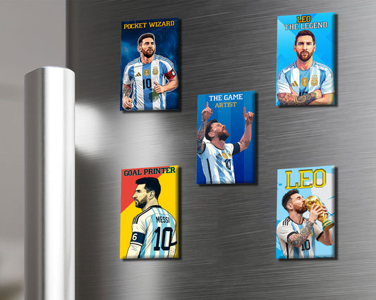 Set of five framed artworks on a metallic surface, each with a different design and color scheme.