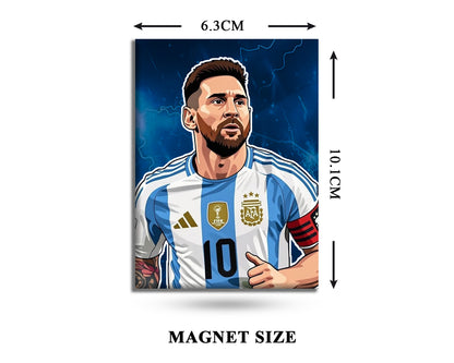 Magnet with a depiction of a soccer player in an Argentina jersey, showing dimensions.