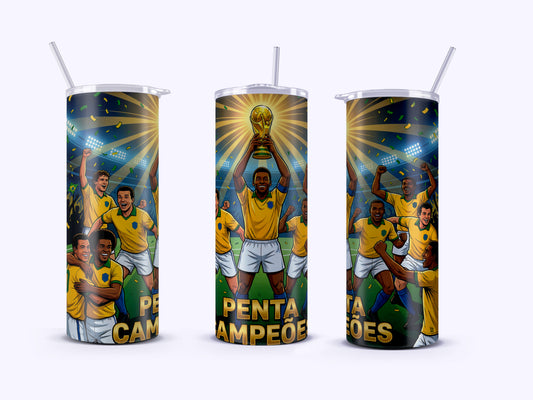 Three tumblers with soccer-themed designs featuring players and a trophy on a white background.