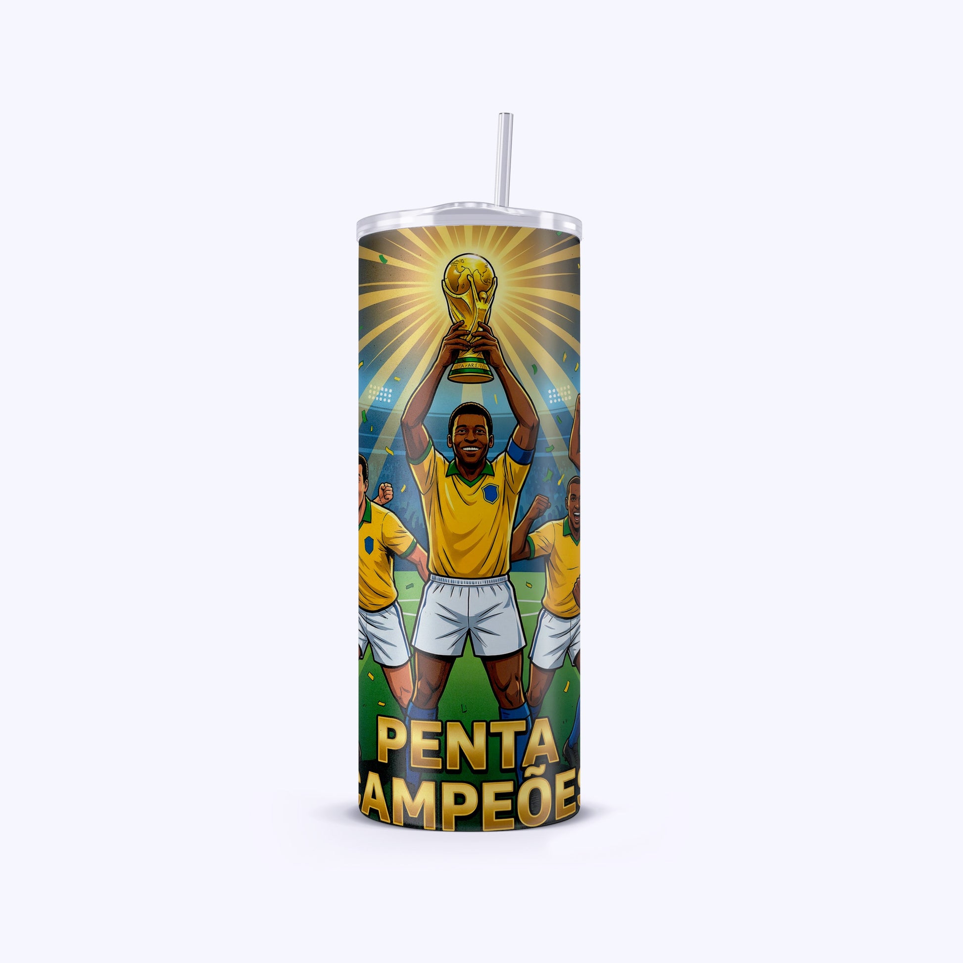Tumbler with soccer player design and World Cup trophy on a white background