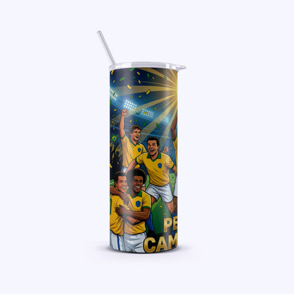 Tumbler with soccer player design on a white background
