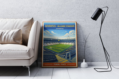 Poster of Juventus Allianz Stadium in a modern living room setting.