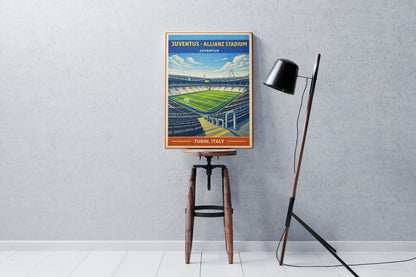 Vintage-style poster of Juventus' Allianz Stadium on a stool against a gray wall.