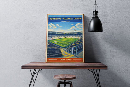 Poster of Juventus Allianz Stadium on a wooden table against a gray wall.