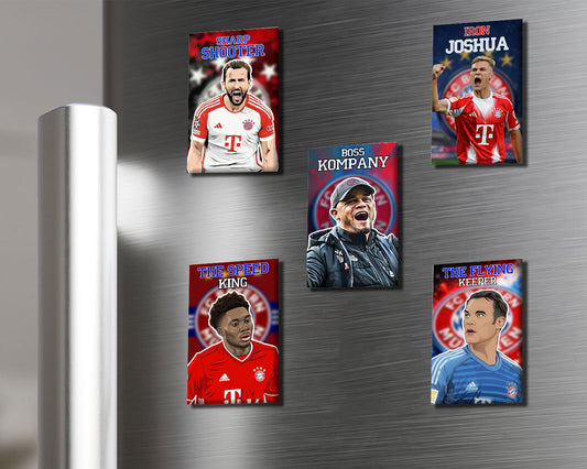 Set of sports-themed magnets on a metallic surface