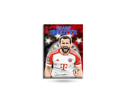 Soccer player in a red and white jersey with 'Sharp Shooter' text on a red background