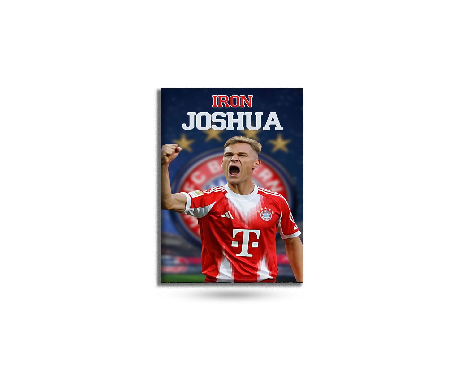 Fridge magnet with a soccer player in a red and white jersey on a blue background with 'IRON JOSHUA' text.