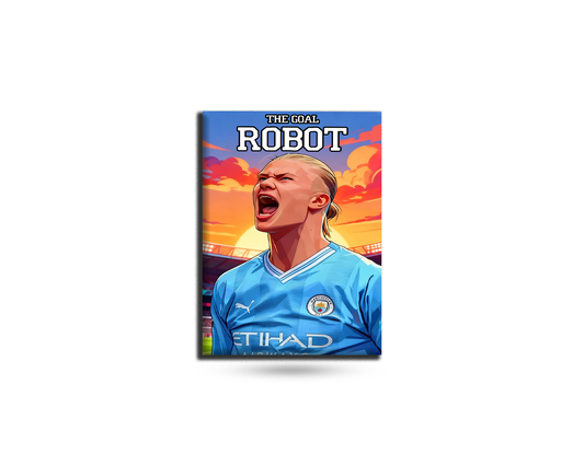 Fridge magnet with a soccer player in a blue jersey and 'The Goal Robot' text on a colorful background.