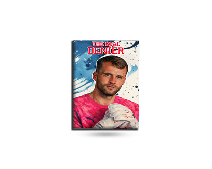 Fridge magnet with a soccer goalkeeper on a blue and white background, featuring the text 'The Goal Denier'.