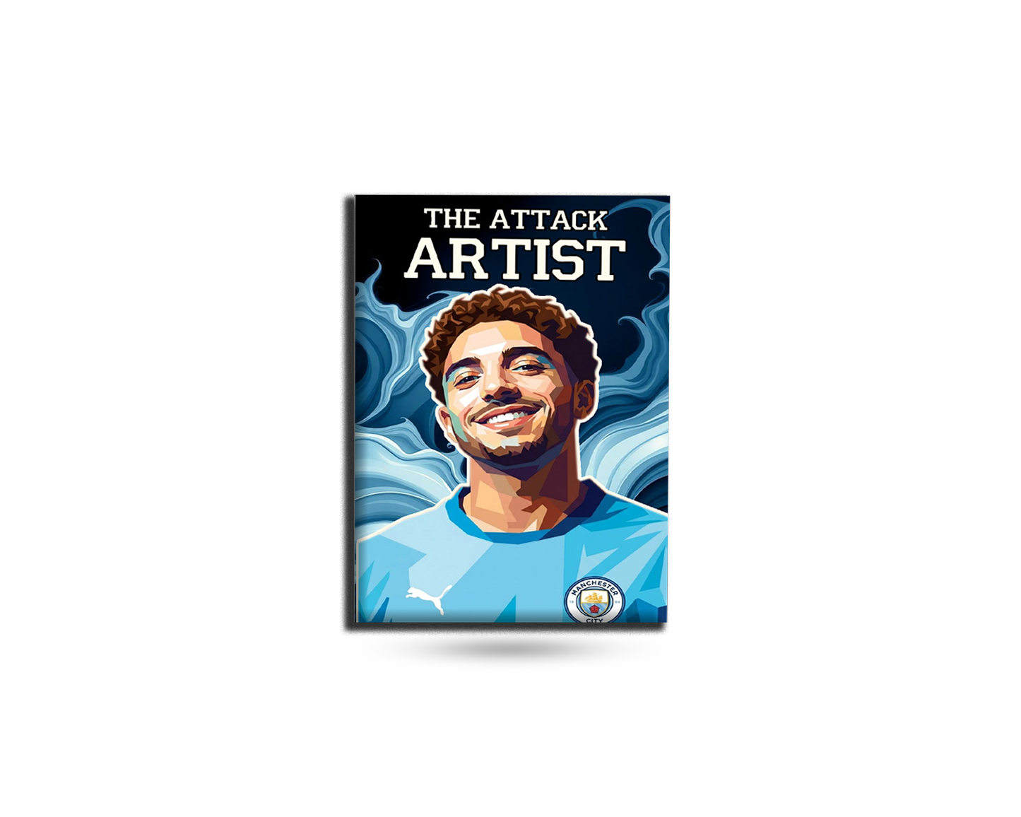 Fridge magnet with a soccer player and text 'The Attack Artist' on a blue background