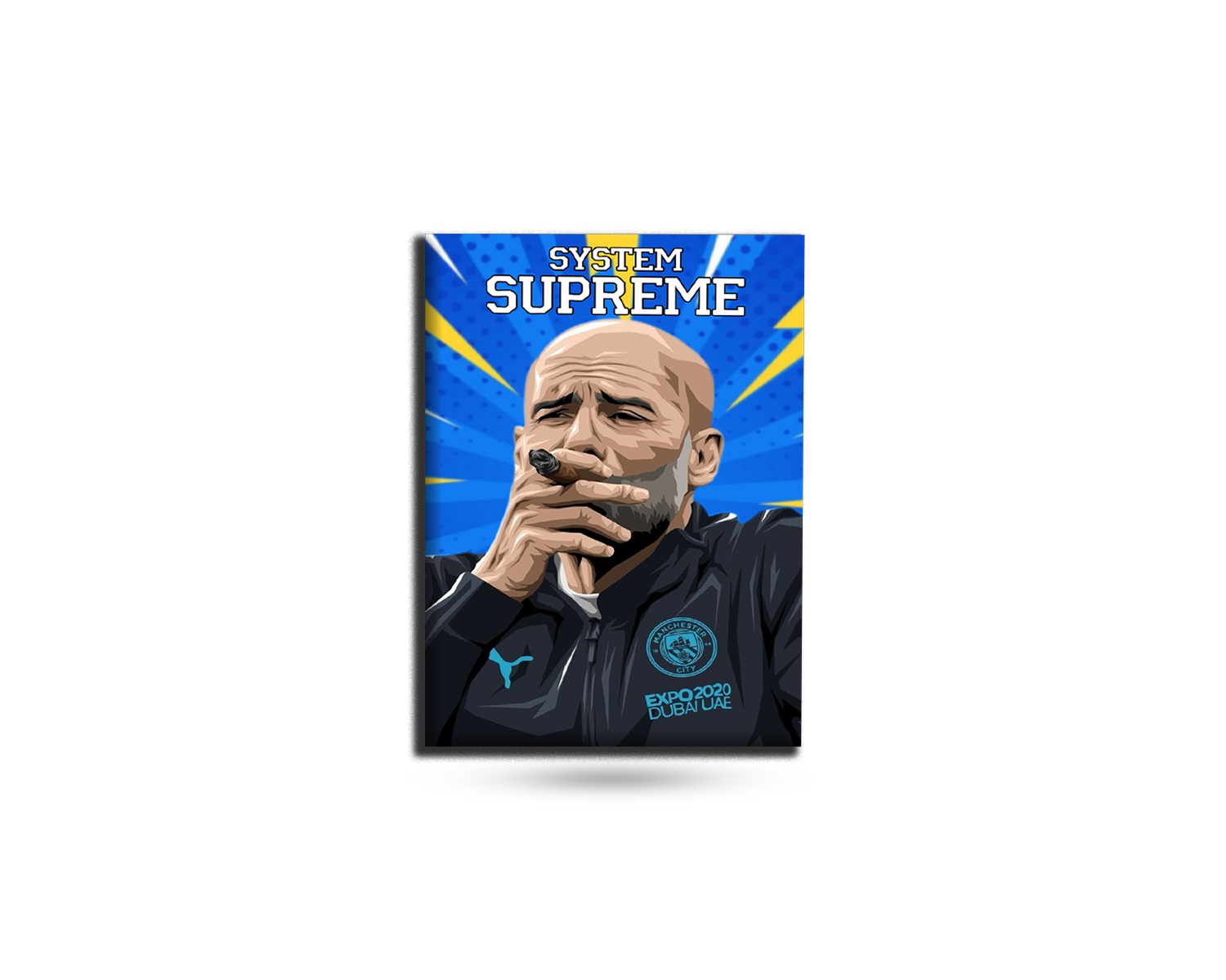 Product packaging with a person in a dark jacket and 'System Supreme' branding on a blue and yellow background.