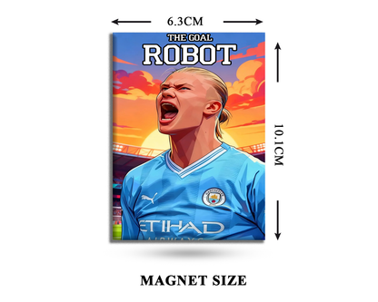 Magnet with a soccer player in a blue jersey and 'The Goal Robot' text, with dimensions indicated.