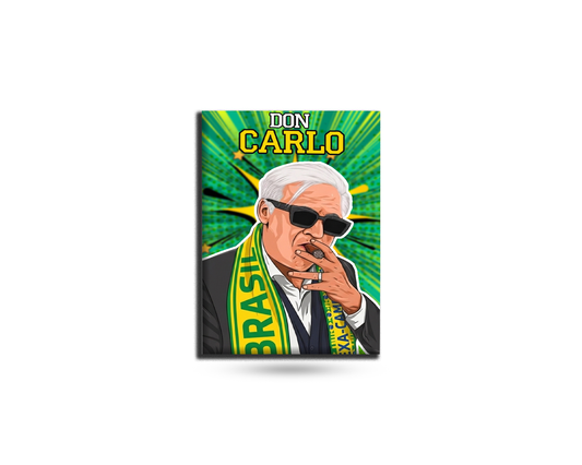 Fridge magnet with a colorful design of a person wearing sunglasses and a 'Brasil' scarf, with 'Don Carlo' text above.