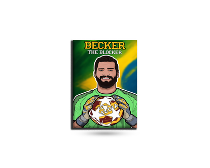 Soccer-themed product with a person holding a soccer ball and 'Becker The Blocker' text on a green and yellow background.