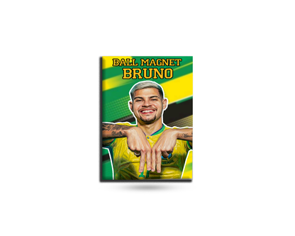 Fridge magnet with a soccer player's face and 'Ball Magnet Bruno' text on a green and yellow background
