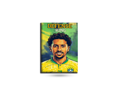 Fridge magnet with a soccer player in a yellow jersey and text 'Defense King' on a green background