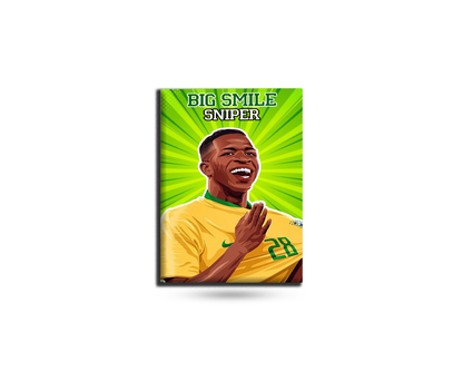 Fridge magnet with a soccer player in a yellow jersey on a green background with text.