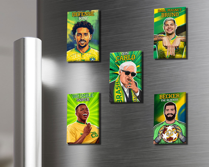 Set of five soccer-themed magnets on a metallic surface