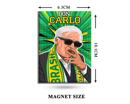 Magnet with a graphic of a person wearing sunglasses and a Brazil scarf, with dimensions indicated.