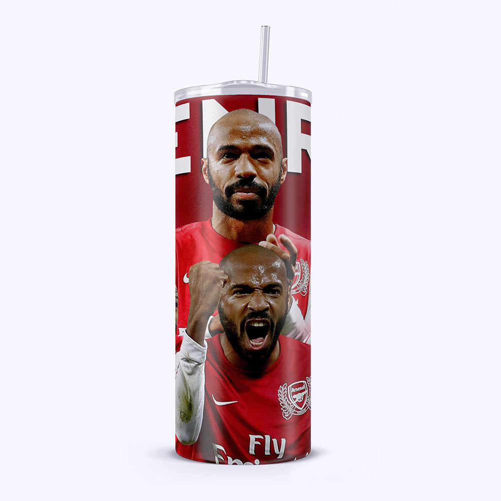 Tumbler with a sports team logo and player images on a white background